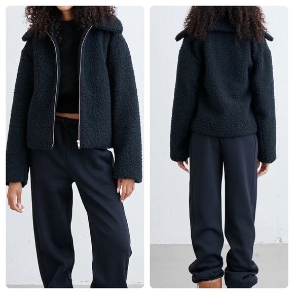 OAK + FORT Jackets & Blazers - Oak + Fort Cropped Shearling Bomber Jacket Black